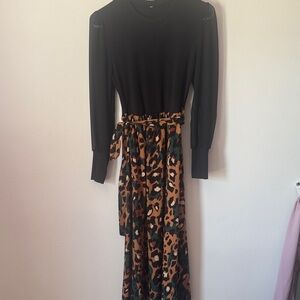 Elegant Black and Leopard Print long Dress